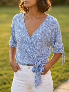 GAP Blue Floral Wrap Tie V-Neck Blouse